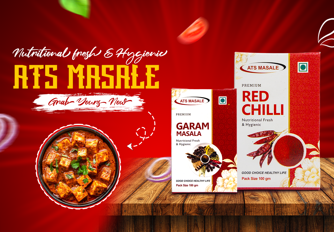 ATS Masale Garam Masala and Red Chilli packs with paneer curry